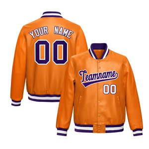 Veste universitaire unisexe en PU orange, personnalisable avec nom, numéro et logo d'équipe, impression sur le devant, vêtement d'hiver décontracté, doublure épaisse en bambou, style vintage - Product Image 1