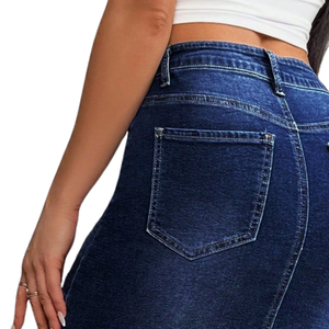 Falda lápiz vaquera elástica azul oscuro para mujer, de cintura alta, ajustada, midi, informal, de corte regular, para uso diario, clásica, otoño/invierno - Product Image 5