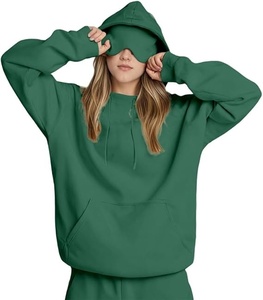 Sweat-shirt à capuche surdimensionné pour femme, couleur unie, tricoté en coton, respirant, idéal pour l'automne - Product Image 2