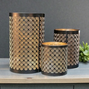 Iron <b>Lantern</b> Candle Holder <b>Set</b> Geometric Cutout Design Black and Gold Home Decoration - Product Image 1