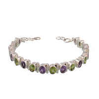 Pulsera de cadena tipo tenis de plata de ley 925 con amatista morada y peridoto engastados en bisel, clásica, unisex, para uso diario, joyería hecha a mano en Jaipur