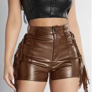 Shorts en cuir PU marron chocolat avec franges à pompons, taille haute, style bohème, pantalon court pour femmes - Product Image 4