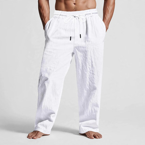 <b>Men's</b> <b>White</b> Cotton Oxford <b>Trousers</b> Straight Fit Mid Waist Button Closure Casual Summer Lightweight Breathable Side Pockets - Product Image 1