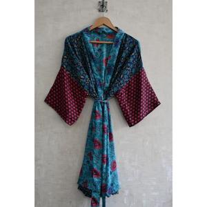 Long Silk Breathable Plus Size Autumn Floral Pattern Patchwork <b>Kimono</b> Robe Handmade Boho Bridal Dressing Gown Festival - Product Image 1