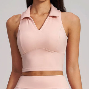 <b>Ladies</b> Cross Back Custom Sleeveless Ribbed Bottom <b>Polo</b> Collar Gym Wear Workout Casual Crop T-Shirt Yoga Wear Plain <b>Top</b> - Product Image 1