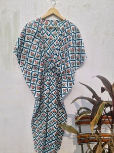 Women's Floral Print 100% Cotton Maxi <b>Kaftan</b> Dress V Neck Batwing Sleeves Drawstring Eco-Friendly Handmade Breathable <b>Beach</b> - Product Image 4