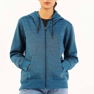 <b>Women's</b> <b>Blue</b> Sequined Badge Front Hooded Zip-Up <b>Fleece</b> Sweatshirt Solid Color Cotton Knitted Full Sleeve Regular Fit Winter Wear - Product Image 1