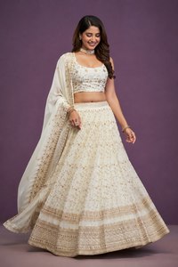 <b>White</b> Georgette <b>Lehenga</b> Choli Wholesale Indian Wedding Wear Embroidery Zari Sequence Work Bridal Semi Stitched <b>Lehenga</b> Set - Product Image 2