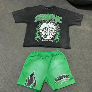 Ensemble 2 pièces homme de haute qualité : T-shirt et short décontracté à manches courtes, personnalisable avec logo imprimé, effet délavé soleil et usé - Product Image 1