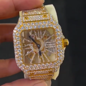 Montre de luxe pour homme personnalisée en moissanite, cadran arabe, cristal, strass, calendrier analogique, bracelet en acier inoxydable, mouvement à quartz ETA - Product Image 2