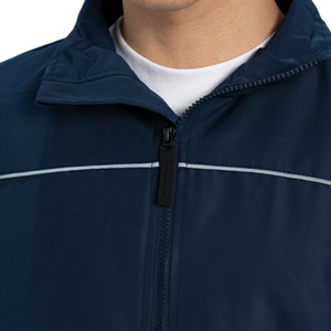 Men's Navy Blue Sporty <b>Track</b> <b>Jacket</b> White Stitching Full Zip Hooded Collar Breathable Knitted Polyester/Nylon Winter Wear - Product Image 6