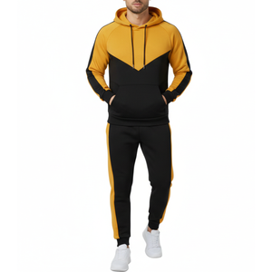 Conjunto Deportivo para Hombre en Oferta, Color Negro y Amarillo Mostaza con Bloques de Color Chevron, Sudadera con Capucha y Pantalones de Dos Piezas, Fabricante OEM - Product Image 1