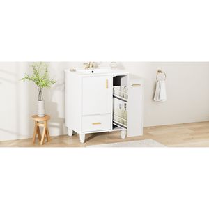 Mobile Bagno in Legno Massello da 24 Pollici con Struttura in MDF, Lavabo, Ripiano, Cassetto Profondo e Cesto Estraibile a 2 Livelli - Armadietto Bagno di Qualità - Product Image 4