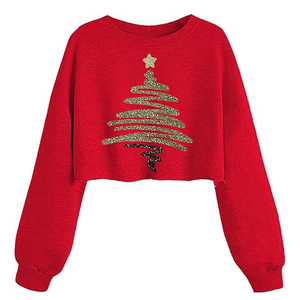 New Arrivals <b>Women</b> Red Crop <b>Sweatshirt</b> Glitter <b>Christmas</b> Tree Print Drop Shoulder Crew Neck Casual Streetwear Winter Tops - Product Image 2