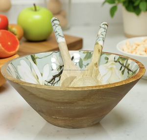 Bol de service classique en bois d'acacia fait à la main, écologique, durable, avec finition imprimée, pour les fêtes et les cadeaux d'affaires - Product Image 1