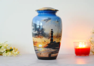 Metal Cremation Urn Adult <b>Ash</b> Memorial Vessel Custom Painted Lighthouse Sunset <b>Keepsake</b> Container - Product Image 2