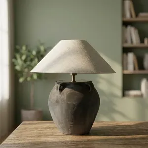 Lampe de table artisanale en céramique moderne du Tibet, base en pot noir, abat-jour en lin naturel, décoration pour chambre à coucher, salon, maison, Diwali - Product Image 4