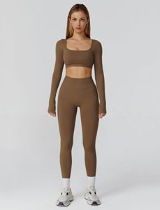 Ensemble de yoga sans couture 2 pièces : haut court taille haute et leggings longs, couleur unie, col carré, dos croisé, tenue de sport pour femme - Product Image 3