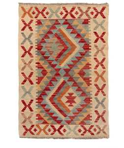 Tapis Kilim en laine tissé à la main – Tapis ethnique géométrique à tissage plat 100% laine fait main |   Tapis tissé plat tribal design - Product Image 1