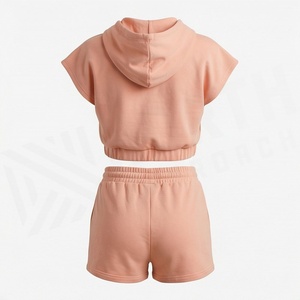 Ensemble 2 pièces pour femme : Crop top à capuche et short, couleur unie, coupe décontractée, sweat-shirt à manches courtes au-dessus du genou, tenue de printemps - Product Image 2