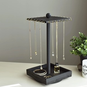 <b>Black</b> Wood Jewelry Organizer Stand with Tray and Gold Hooks for Necklaces and Bracelets - Product Image 2