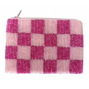 Porte-monnaie à motif à carreaux cœur rouge, perlé avec fermeture éclair, mini pochette d'épargne pour espèces, cartes et maquillage, pochette cadeau - Product Image 2