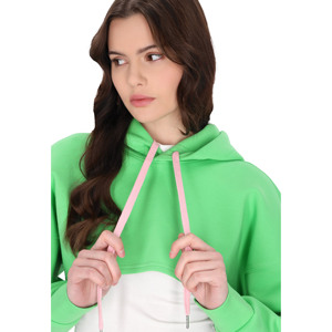Sweat-shirt décontracté à capuche pour femme, coupe courte, couleur contrastée vert et blanc, épaules tombantes, manches longues, en coton tricoté et fibre de bambou, idéal pour le printemps - Product Image 3