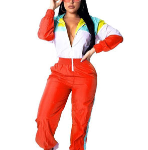 Women's <b>Polyester</b> Zip up Cropped Reflective Windproof Nylon Jacket and Track Pants <b>Jogger</b> Sets Nylon Tracksuit - Product Image 1