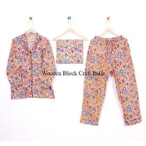 ชุดนอนผู้หญิงลายดอกไม้สไตล์อินเดีย ผ้าฝ้าย 100% แขนยาว พร้อมกางเกงขายาว ชุดนอนฤดูร้อน เสื้อและกางเกงขายาว ชุดสองชิ้น - Product Image 6