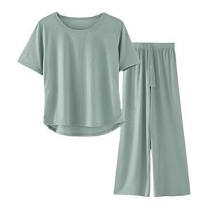 Femmes Premium 100% coton Double Jersey Interlock pyjama ensemble respirant Vintage mode Logo pour été automne printemps vacances - Product Image 5