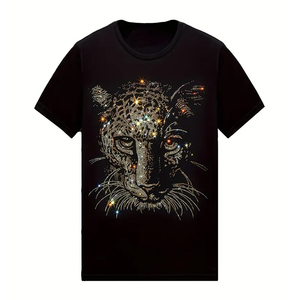 เสื้อยืดแฟชั่นผู้ชายขายส่งปี 2024 เสื้อยืดแขนสั้นผ้าฝ้ายถักสีดำประดับเพชรทรงสลิมโอเวอร์ไซส์สำหรับฤดูร้อน - Product Image 4