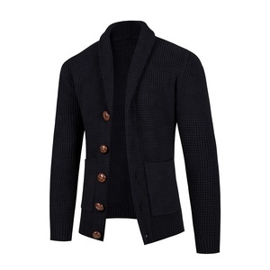 High Quality Acrylic Polyester Nylon Tri-blend Slim Fit Single <b>Breasted</b> Shawl Collar Waffle Knit Button-up Cardigan For Men - Product Image 2