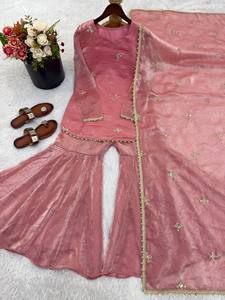 Kurti Sharara de seda bordado para mujer, largo hasta el tobillo, para bodas, Diwali, fiestas, con dupatta, ropa india y pakistaní TENNECY - Product Image 4