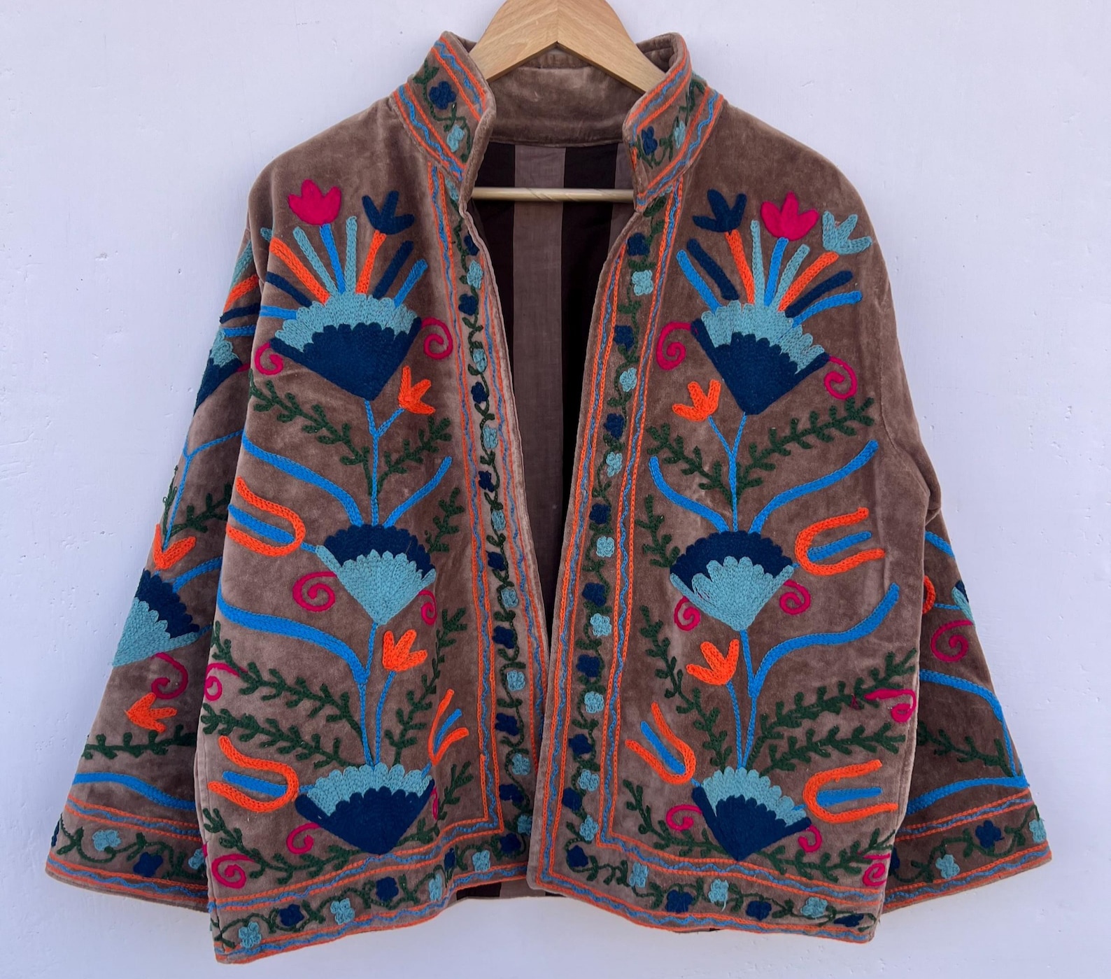 Women's Bomber Jacket Blue Suzani Velvet Knitted Breathable Handmade Embroidered Quilted Reversible Eco-Friendly Letter Nylon