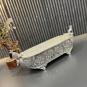 Antique Silver Carved Peacock Beverage Tub Embossed Floral Oval Tub With Ornate Feet Elegant <b>Champagne</b> Wine Cooler For Drinks - Product Image 3