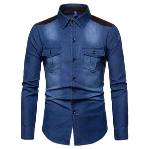 Premium Quality Hot Sale Men's Light Blue Denim Shirt Long Sleeve Slim Fit Turn-down Collar Patchwork Elbow <b>Patches</b> Casual - Product Image 3