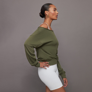 Sudadera Oversize Verde Oliva para Mujer, de Hombros Descubiertos, Manga Larga, Color Sólido, Corte Holgado, Informal, para Otoño e Invierno - Product Image 3