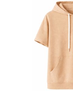 Haut à capuche beige à manches courtes pour homme, pull décontracté, t-shirt léger d'été, streetwear en mélange de coton avec poche kangourou - Product Image 4