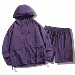 Ensemble coupe-vent à capuche pour homme, manches courtes, extensible dans quatre directions, léger, résistant au vent fort, pour l'entraînement, les voyages en plein air, logo personnalisé - Product Image 6