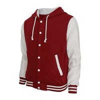 Blouson universitaire unisexe à capuche blanc bordeaux, style baseball, en molleton de coton boutonné, avec bordure côtelée rayée