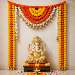 Campanas Doradas de Caléndula Naranja Amarilla, Ídolo de Ganesha, Fondo Decorativo Ecológico de Plástico Hecho a Mano para Puja y Decoración del Hogar - Product Image 5
