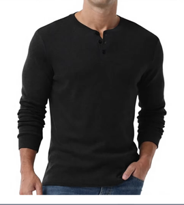 เสื้อเชิ้ตผู้ชายสีดำ คอวี แขนยาว สไตล์ลำลอง ผ้าฝ้าย 100% สีพื้น แขนยาวเต็มตัว เหมาะสำหรับใส่ในฤดูใบไม้ร่วง ระบายอากาศได้ดี น้ำหนักเบา - Product Image 1