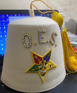 Gorro Fez Masónico O.E.S. de Algodón a Rayas con Pedrería, Hilos de Oro y Borla - Product Image 6