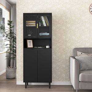 Libreria Alta Moderna con 2 Ante in Vetro, Mobile Dispensa da Cucina con Maniglie Dorate, Armadietti Gratuiti per Soggiorno - Product Image 1