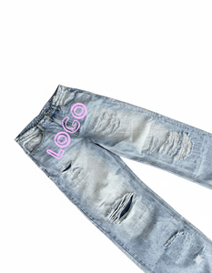 Wholesale Custom Men's Retro Washed Distressed Denim Jeans Streetwear <b>Pants</b> with custom Printed Logo - Product Image 5