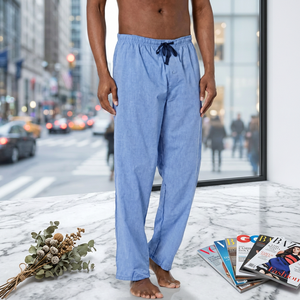 Men's <b>Light</b> Blue Cotton <b>Sleep</b> Pants Elastic Waist Drawstring Casual Loose Fit Summer Breathable Pajama Bottoms - Product Image 6