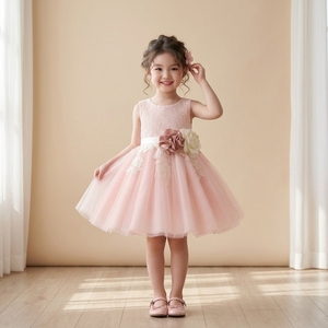 Cherished Custom <b>Flower</b> Girl Dress Blush Pink Lace Tulle Sleeveless Knee-Length Girls Princess Dress 3D Floral Waist Wedding - Product Image 4