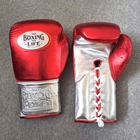 Guantes de Boxeo de Cuero Personalizados 'No Boxing No Life', con Cordones, para Entrenamiento y Sparring, Rojos y Plateados, Dedos Completos, Equipo de Artes Marciales