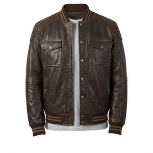 Chaqueta de cuero para hombre estilo bomber, de piel de vaca premium, color marrón, estilo clásico varsity, ropa de abrigo para invierno, cuello acanalado, botones a presión, chaqueta informal. - Product Image 1