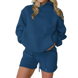 Conjunto de 2 Piezas para Mujer, Sudadera con Capucha y Pantalones Cortos, Color Morado Sólido, Corte Holgado, Informal, Primavera-Verano, Tejido de Felpa, Manga Larga - Product Image 6